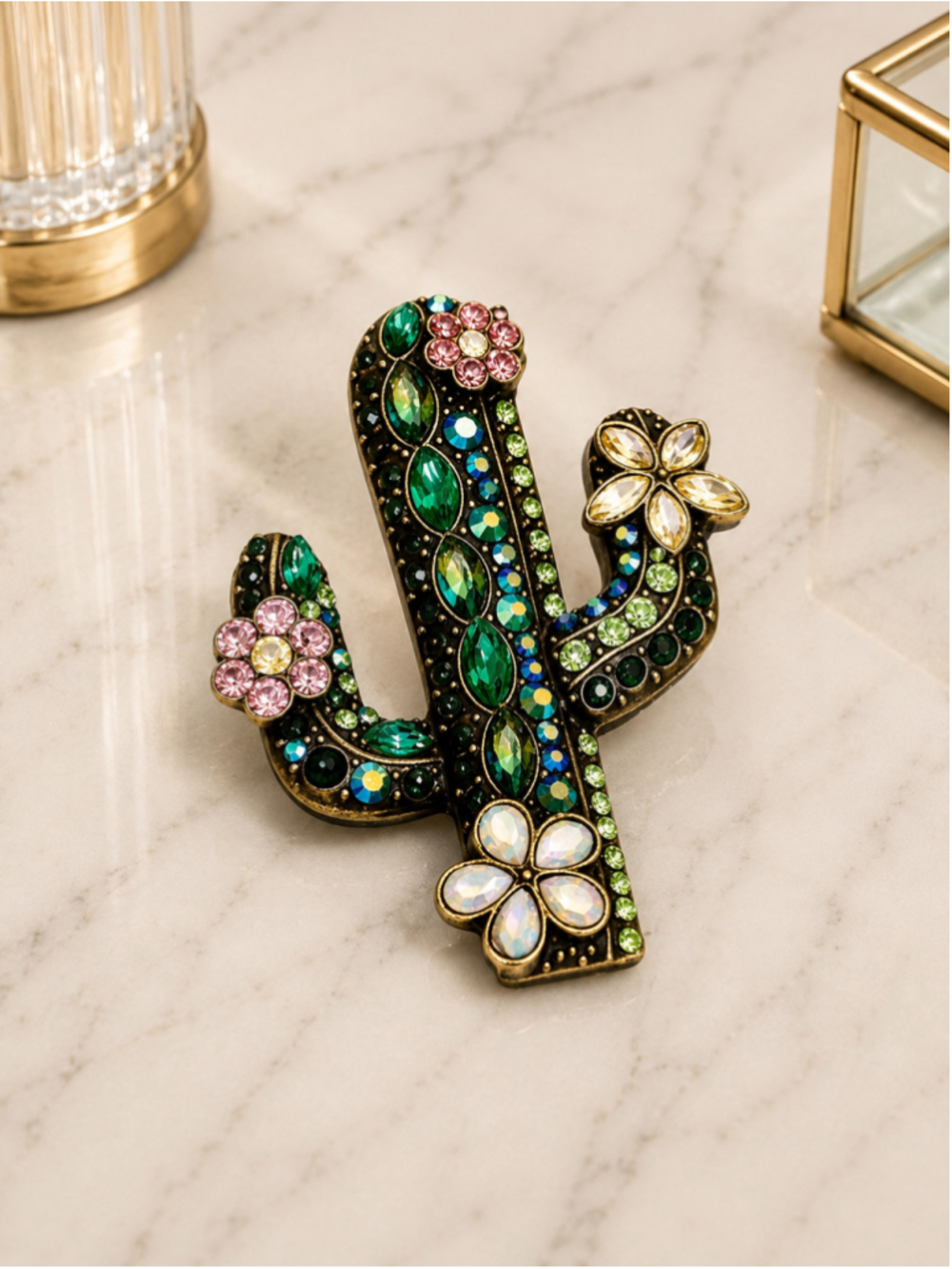 NEW Floral Cactus Rhinestone Brooch Southwest Statement Pin Bag Charm